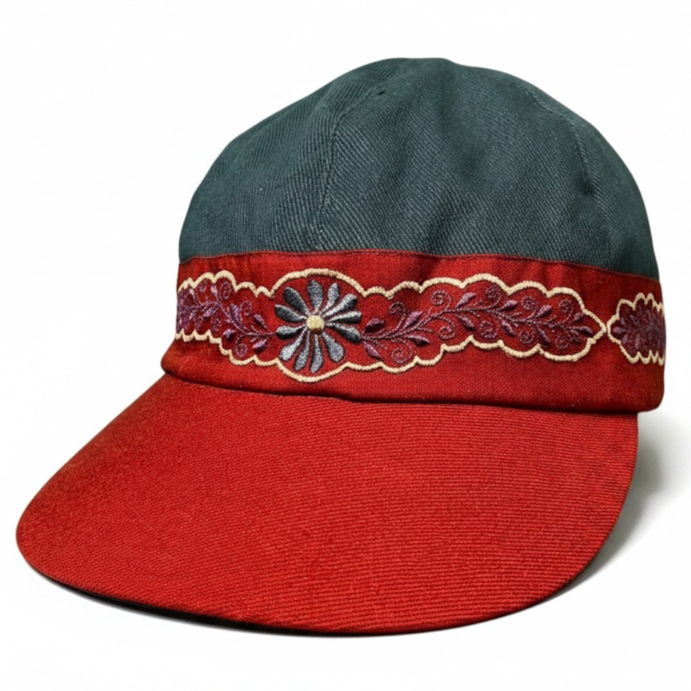 Vintage 90s Women's Embroidered Flower Vine Elastic Strap Cottagecore Granny Hat